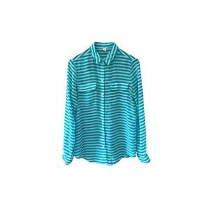 Old Navy Teal Striped Sheer Button-Down Size M Shirt Long Sleeve
